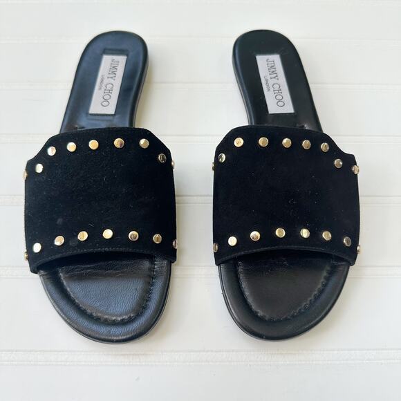 Jimmy Choo Nanda Black Suede Studded Flat Slide Sandals Women’s Designer 37 - Picture 2 of 7